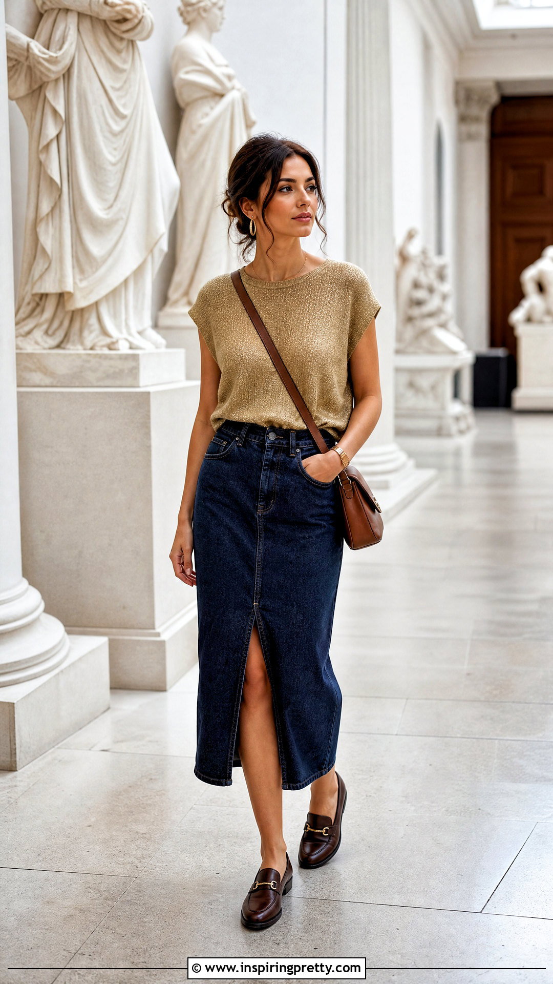 Golden Top With Denim Midi Skirt - 50 golden top outfit ideas