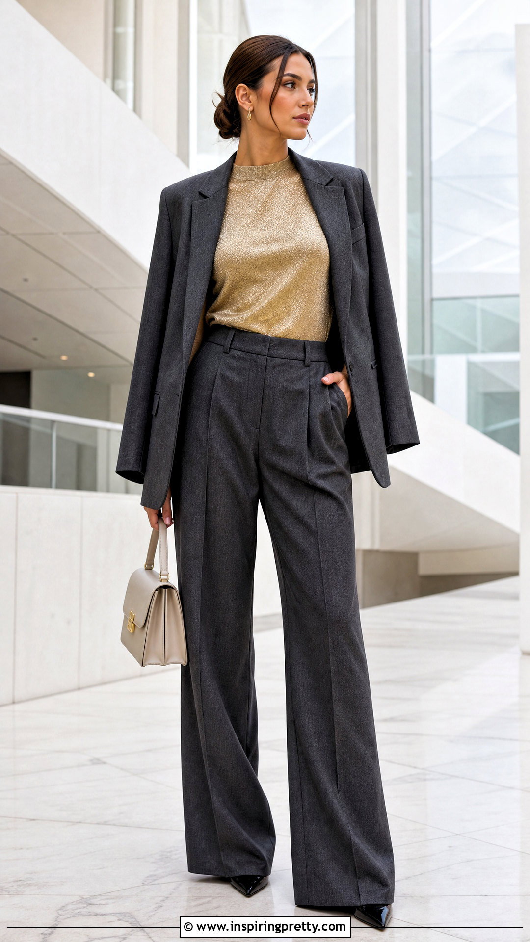 Golden Top With Gray Tailored Trousers - 50 golden top outfit ideas