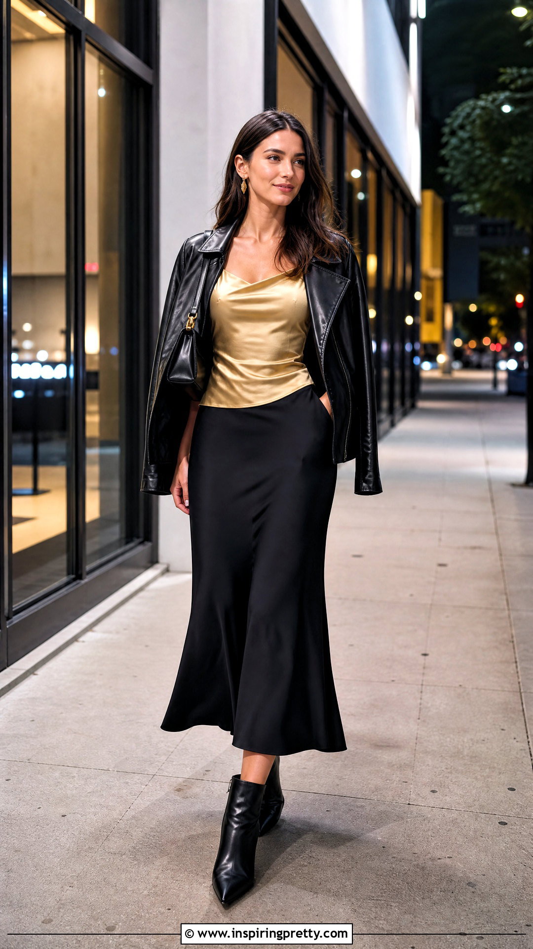 Golden Top With Leather Jacket And Midi Skirt - 50 golden top outfit ideas