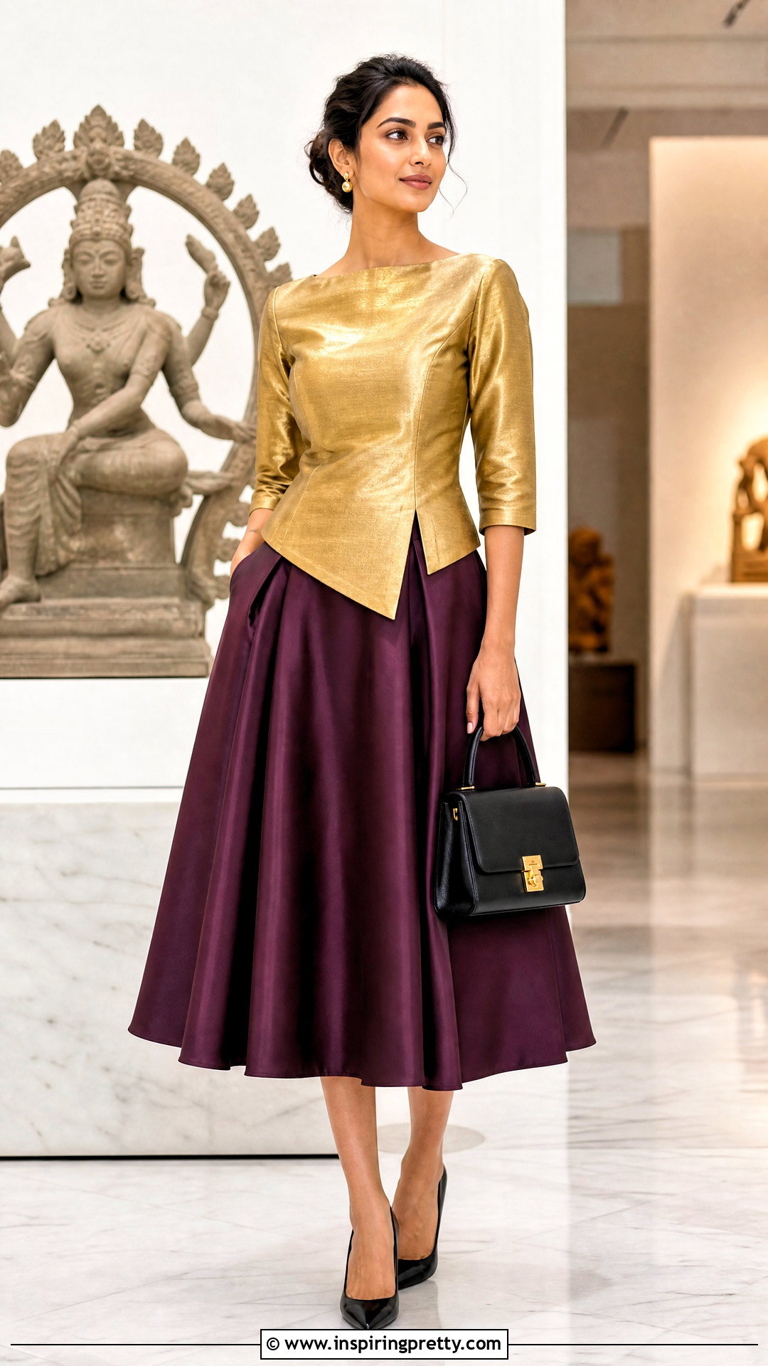 Golden Top With Purple Midi Skirt - 50 golden top outfit ideas