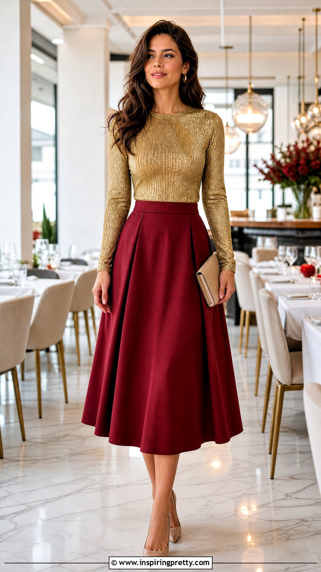 Golden Top With Red Midi Skirt - 50 golden top outfit ideas