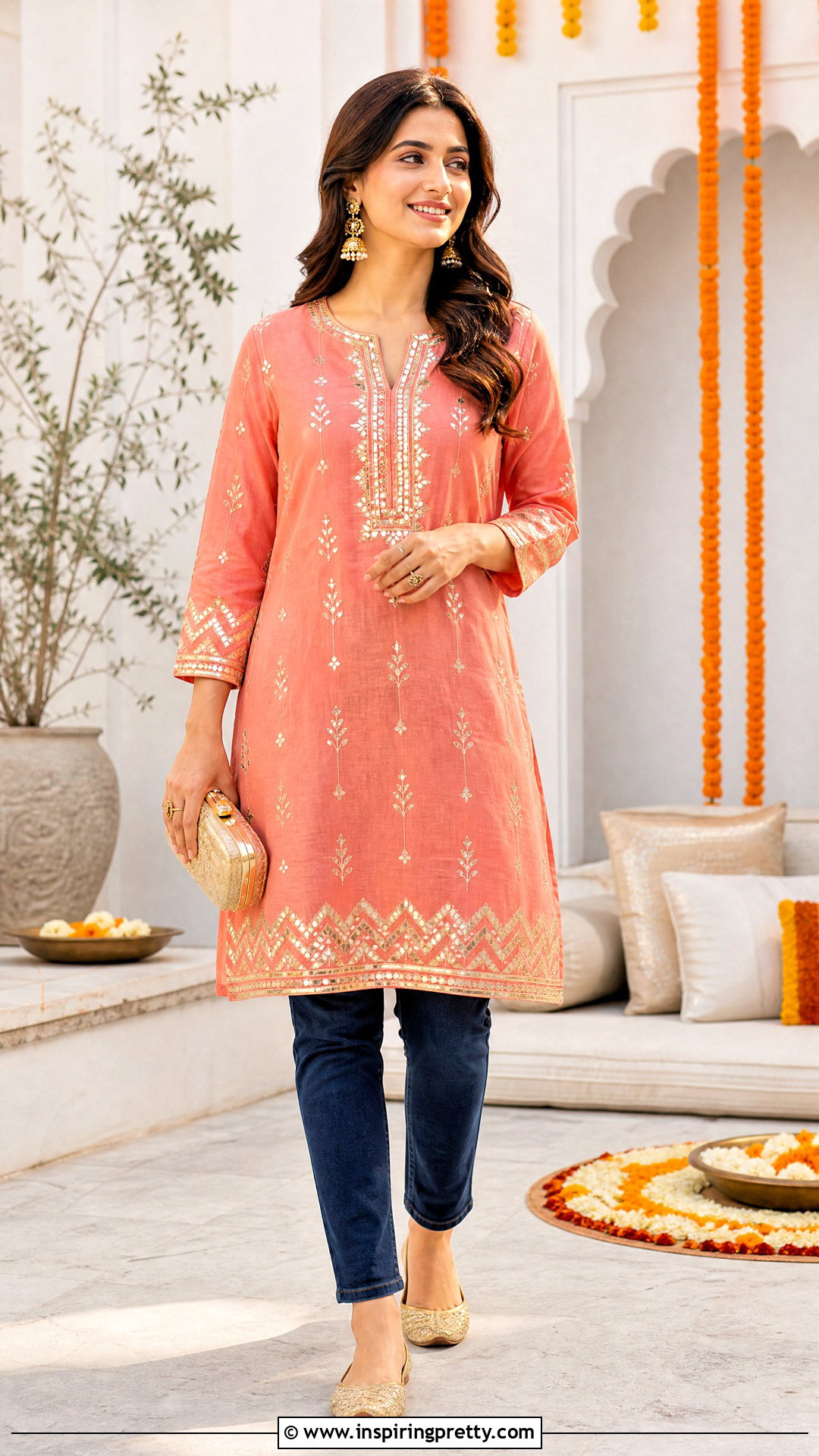 Gota Patti Kurti With Dark Blue Jeans - 50 kurti tops for jeans