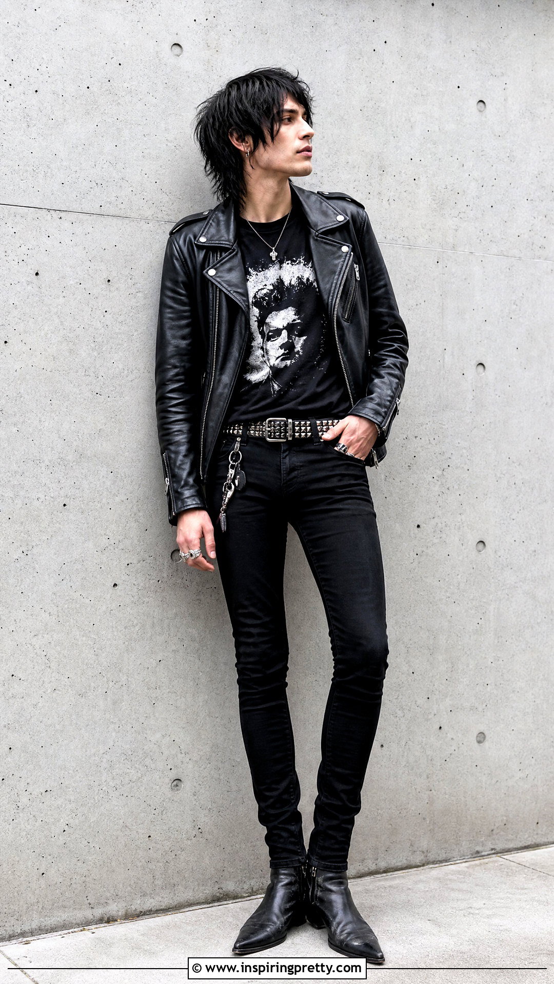 Goth Band Tee With Skinny Jeans And Leather Jacket - 25 goth tops men