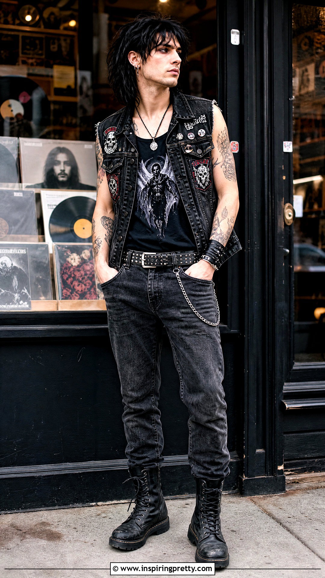 Goth Tank Top With A Distressed Denim Vest - 25 Goth Tank Top Men outfit ideas