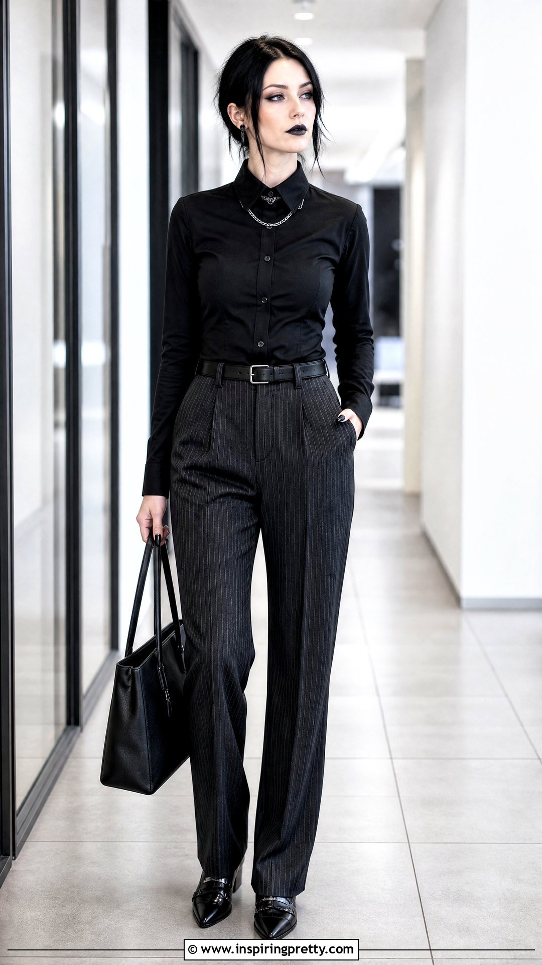 Gothic Button Up Top With Pinstripe Trousers - 50 gothic tops outfit ideas