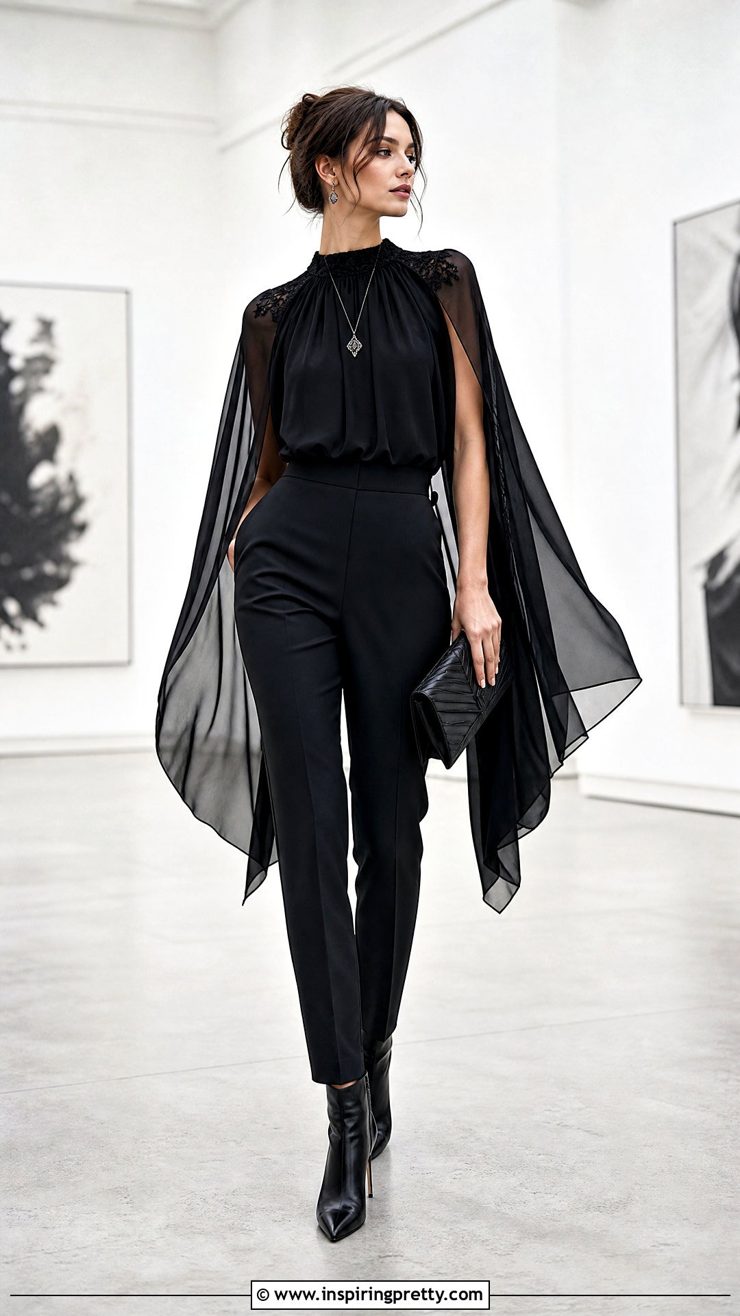 Gothic Cape Sleeve Top With Slim Trousers - 50 gothic tops outfit ideas