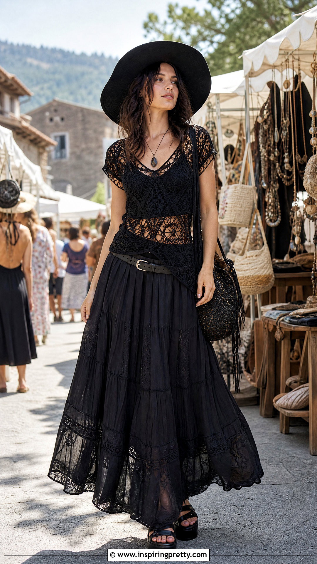 Gothic Crochet Top With Flared Skirt - 50 goth tops outfit ideas