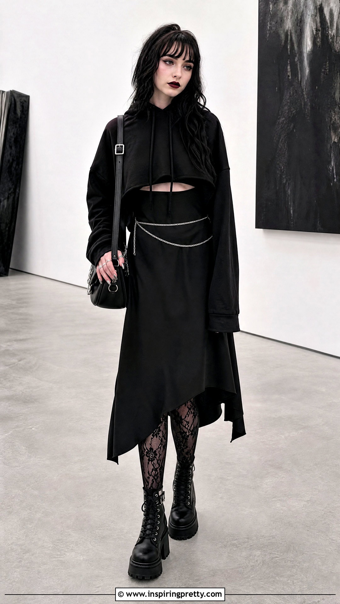 Gothic Crop Top Hoodie Over Black Slip Dress - 20 gothic crop top hoodie outfit ideas