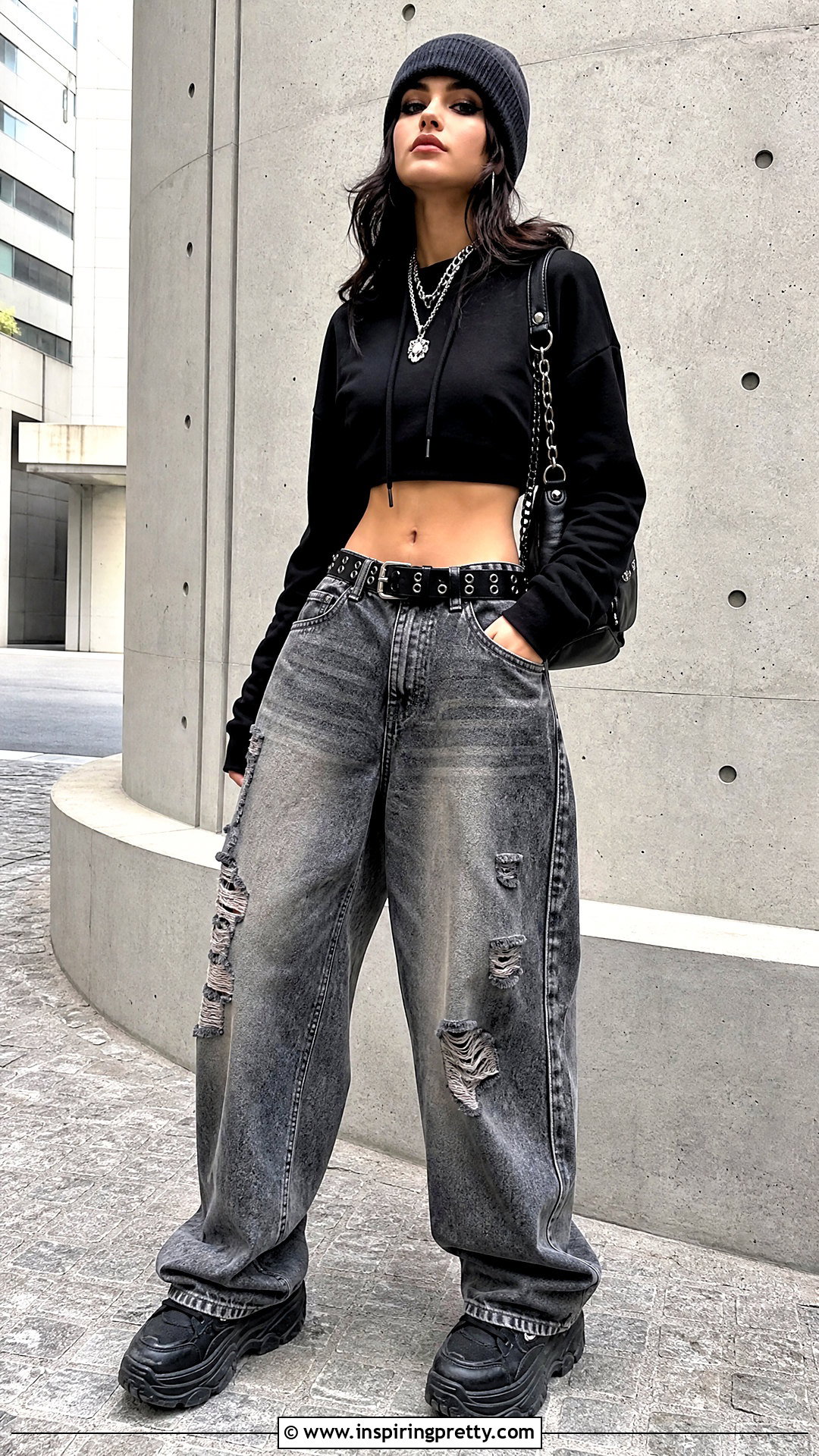 Gothic Crop Top Hoodie With Baggy Distressed Jeans - 20 gothic crop top hoodie outfit ideas