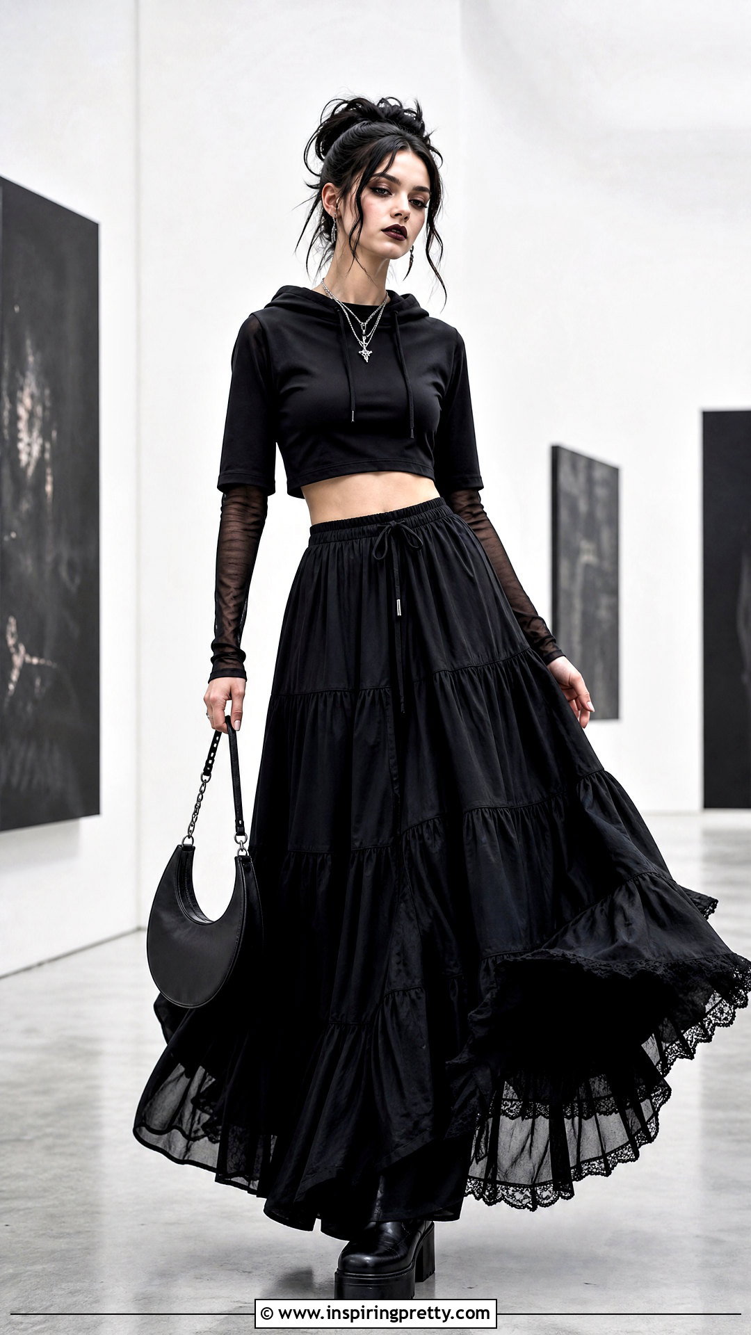 Gothic Crop Top Hoodie With Black Maxi Skirt - 20 gothic crop top hoodie outfit ideas