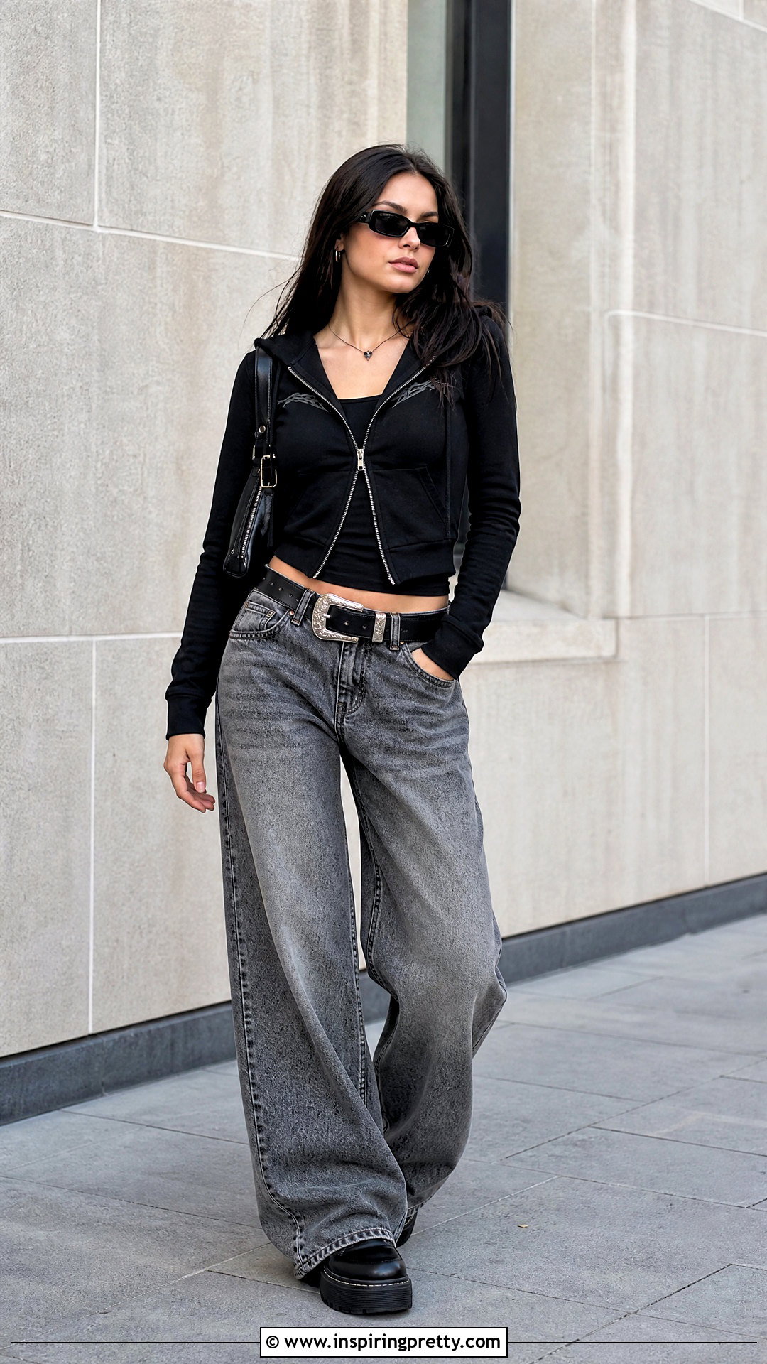 Gothic Crop Top Hoodie With Gray Wide Leg Jeans - 20 gothic crop top hoodie outfit ideas