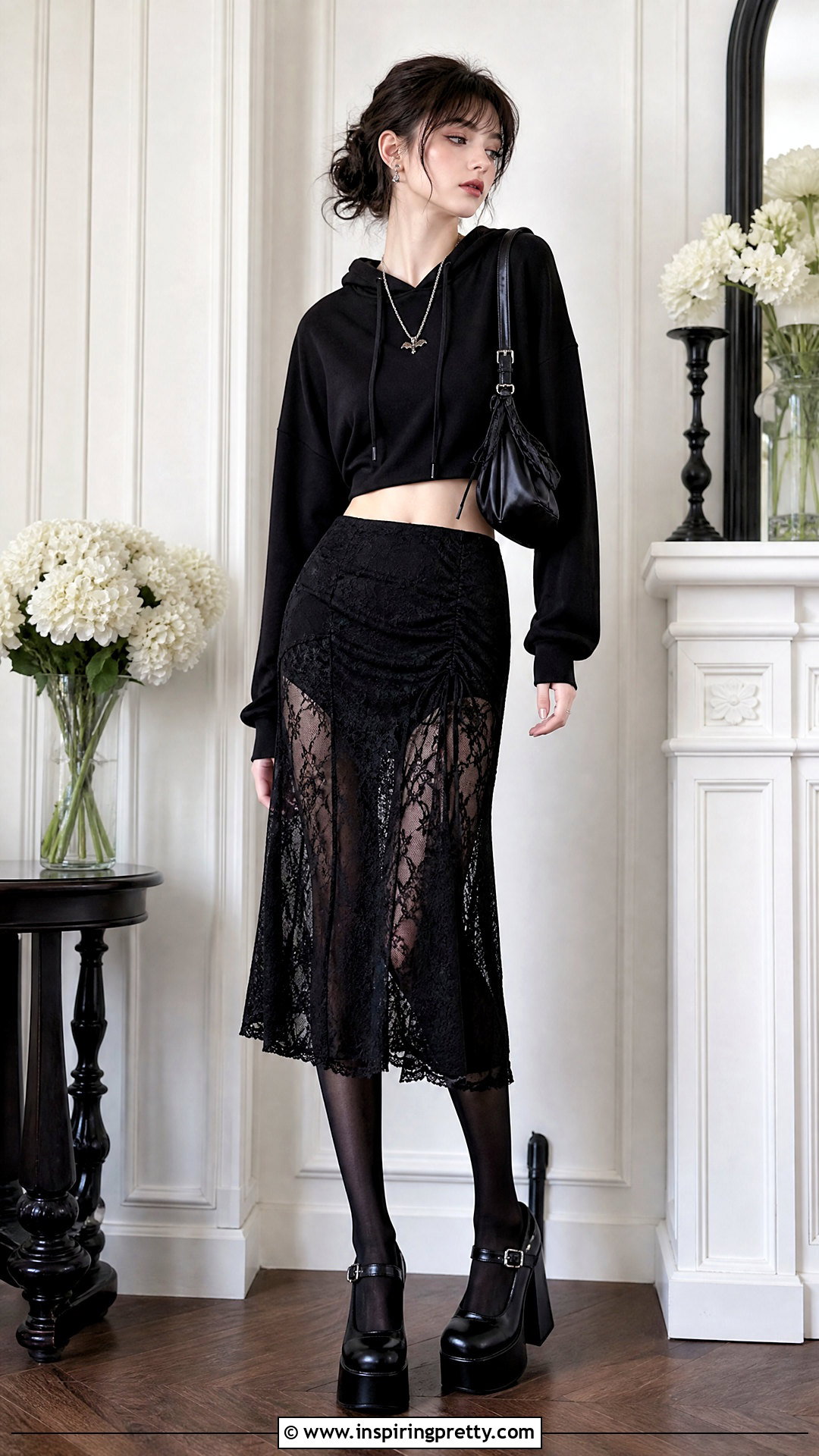 Gothic Crop Top Hoodie With Lace Midi Skirt - 20 gothic crop top hoodie outfit ideas