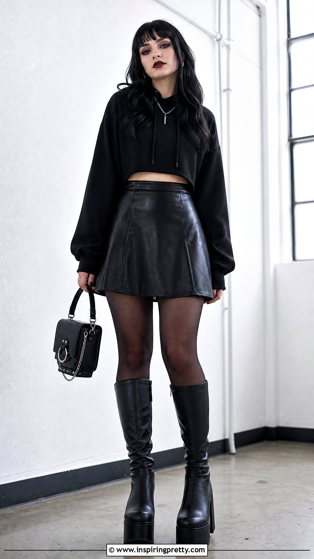 Gothic Crop Top Hoodie With Leather Mini Skirt - 20 gothic crop top hoodie outfit ideas