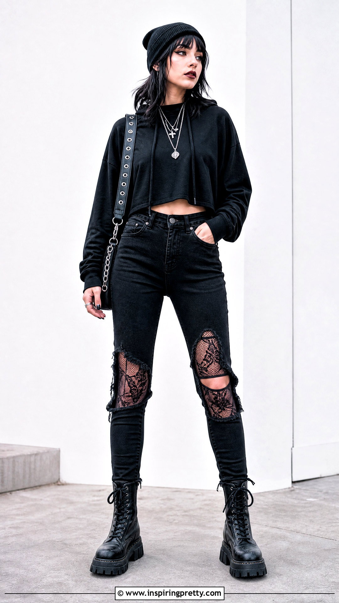 Gothic Crop Top Hoodie With Ripped Skinny Jeans - 20 gothic crop top hoodie outfit ideas