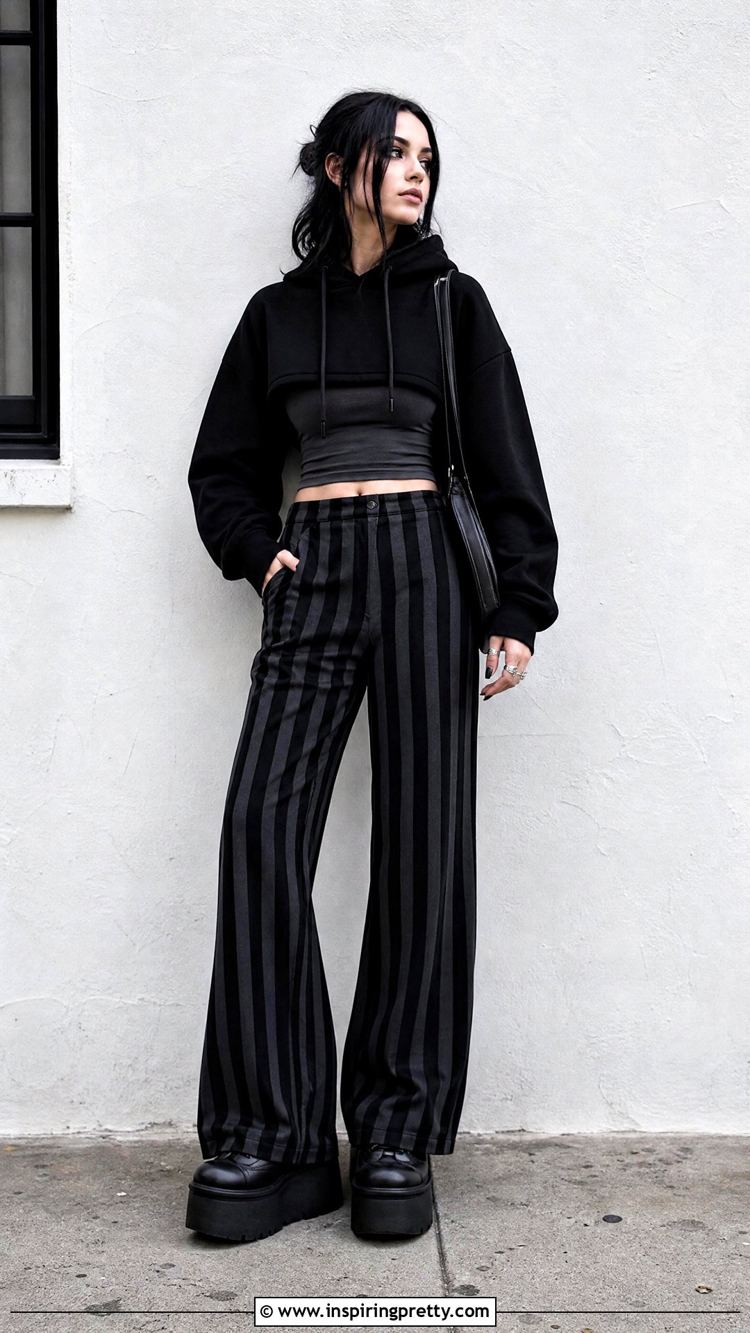 Gothic Crop Top Hoodie With Striped Pants - 20 gothic crop top hoodie outfit ideas
