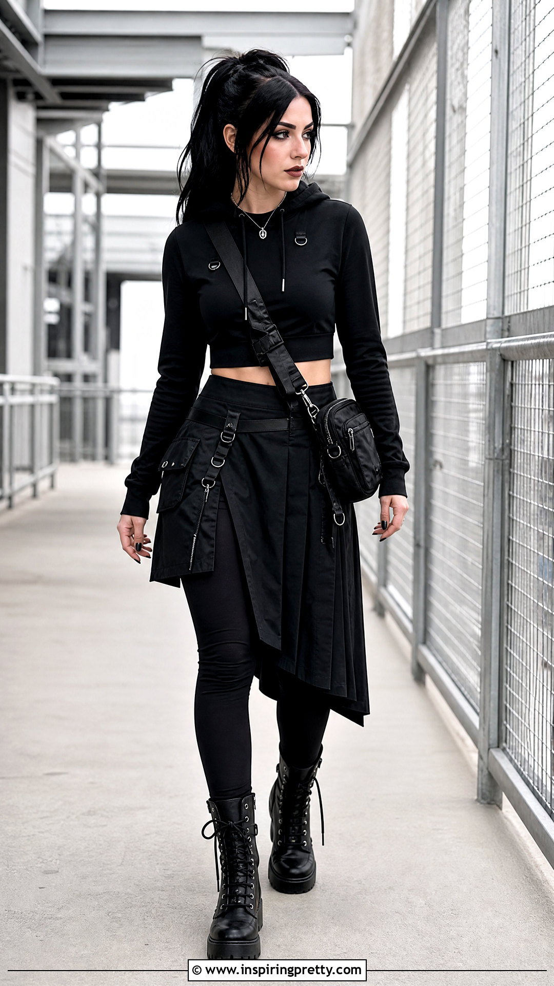 Gothic Crop Top Hoodie With Utility Kilt Skirt - 20 gothic crop top hoodie outfit ideas
