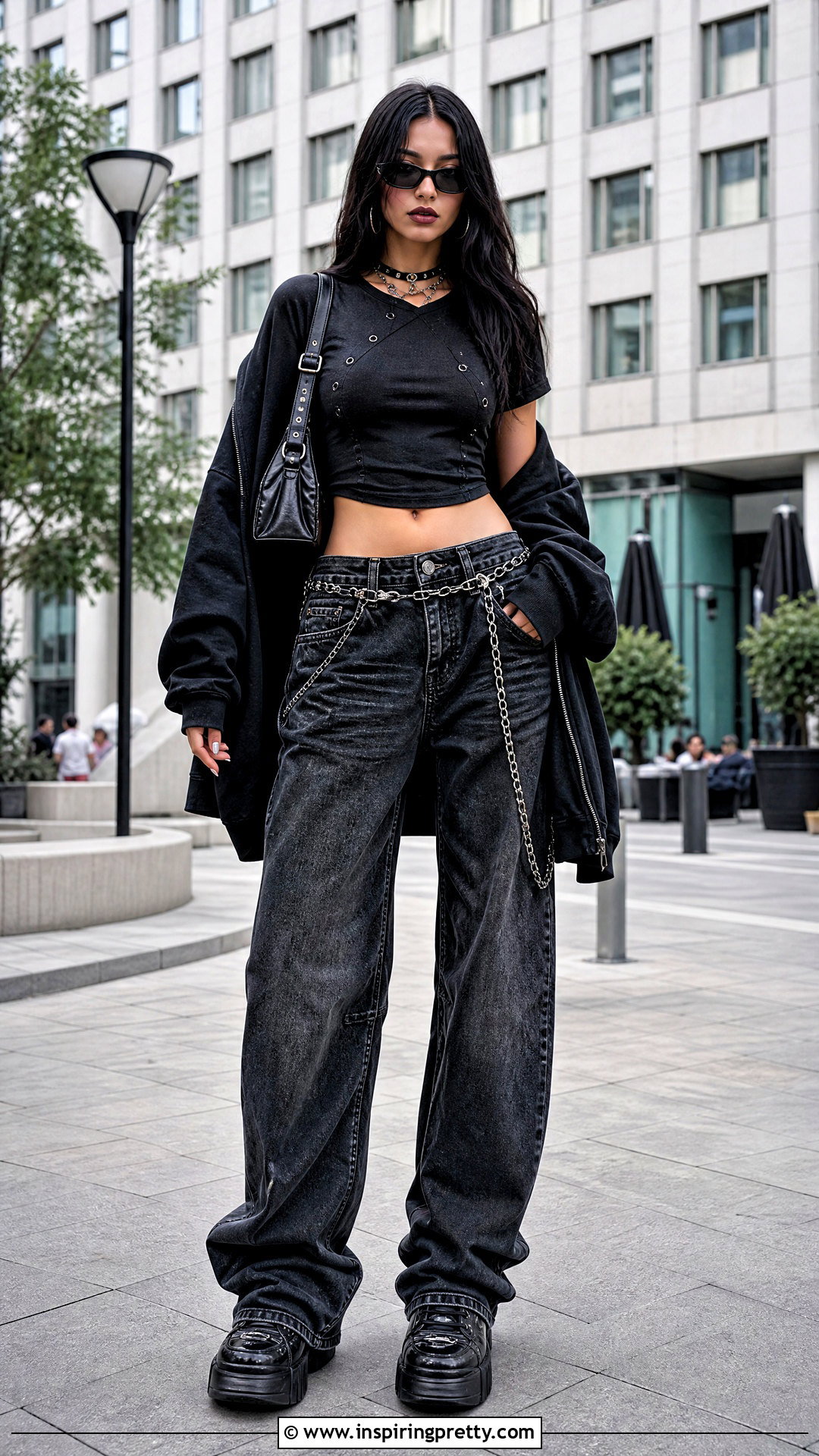 Gothic Crop Top With Baggy Jeans - 50 goth tops outfit ideas