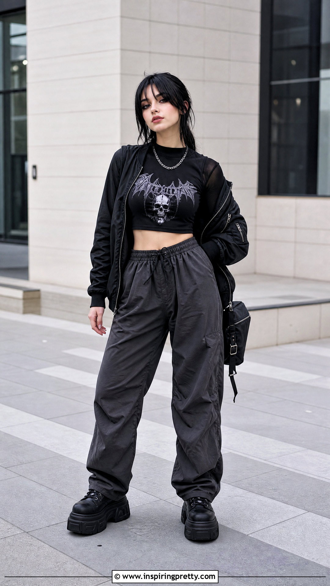 Gothic Graphic Crop Top With Parachute Pants - 50 gothic tops outfit ideas