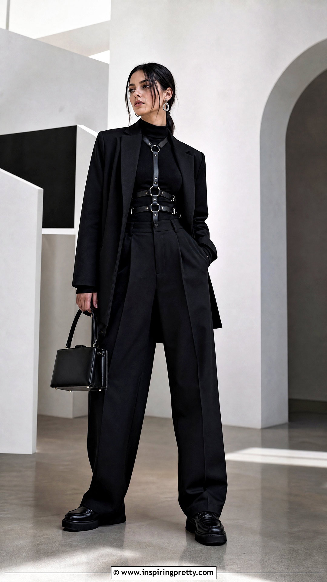 Gothic Harness Top With Black Trousers - 50 goth tops outfit ideas