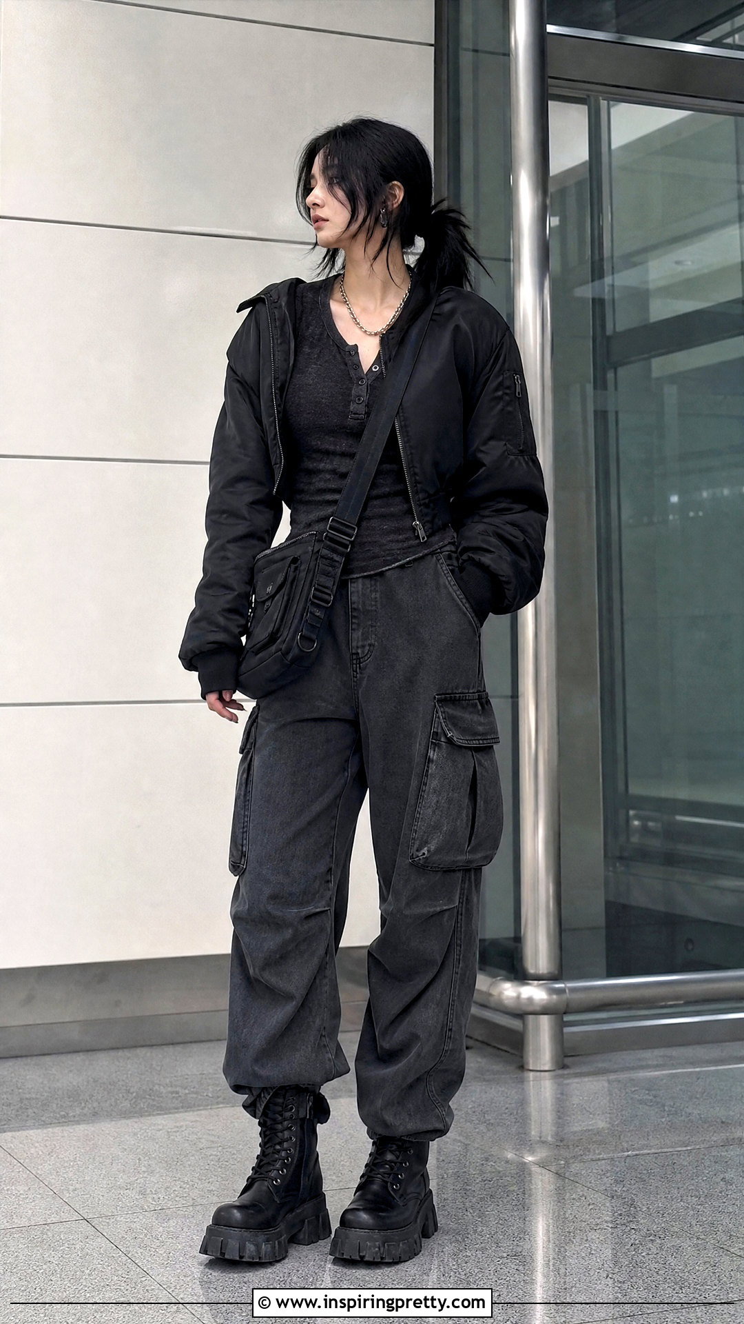 Gothic Henley Top With Cargo Jeans - 50 gothic tops outfit ideas