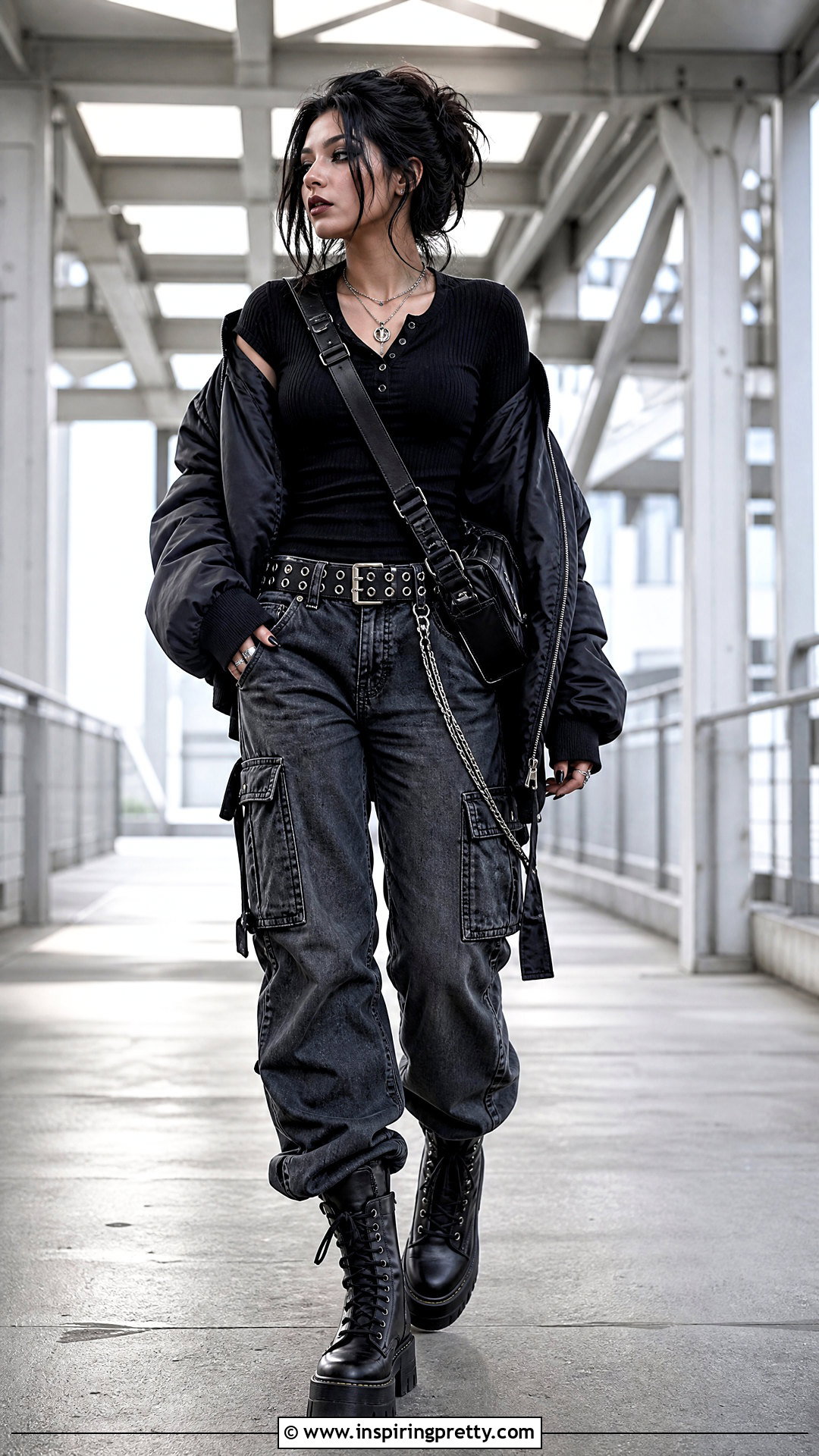 Gothic Henley Top With Cargo Jeans - 50 goth tops outfit ideas
