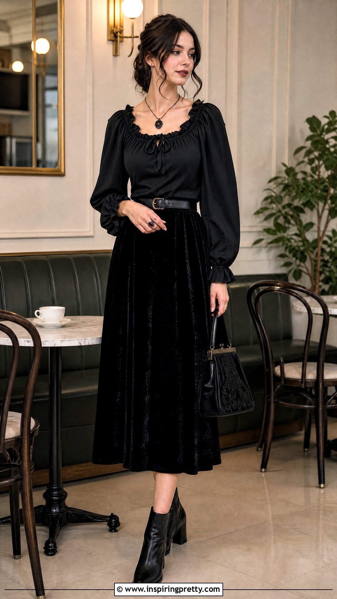 Gothic Peasant Top With Velvet Skirt - 50 goth tops outfit ideas