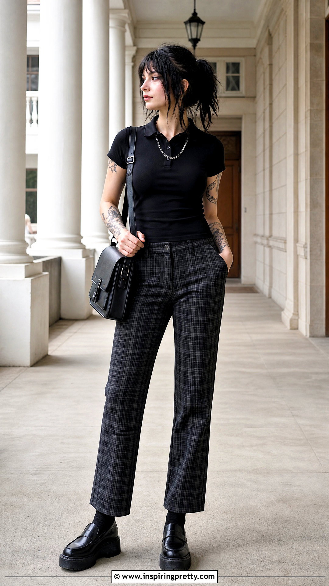 Gothic Polo Top With Plaid Trousers - 50 gothic tops outfit ideas