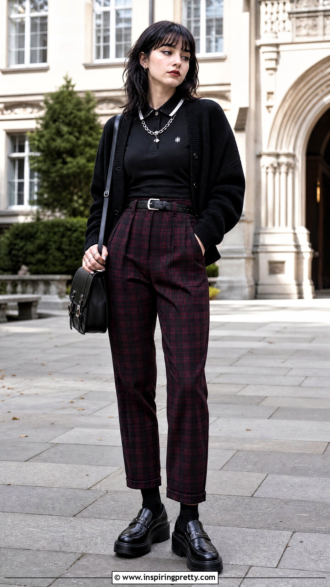 Gothic Polo Top With Plaid Trousers - 50 goth tops outfit ideas