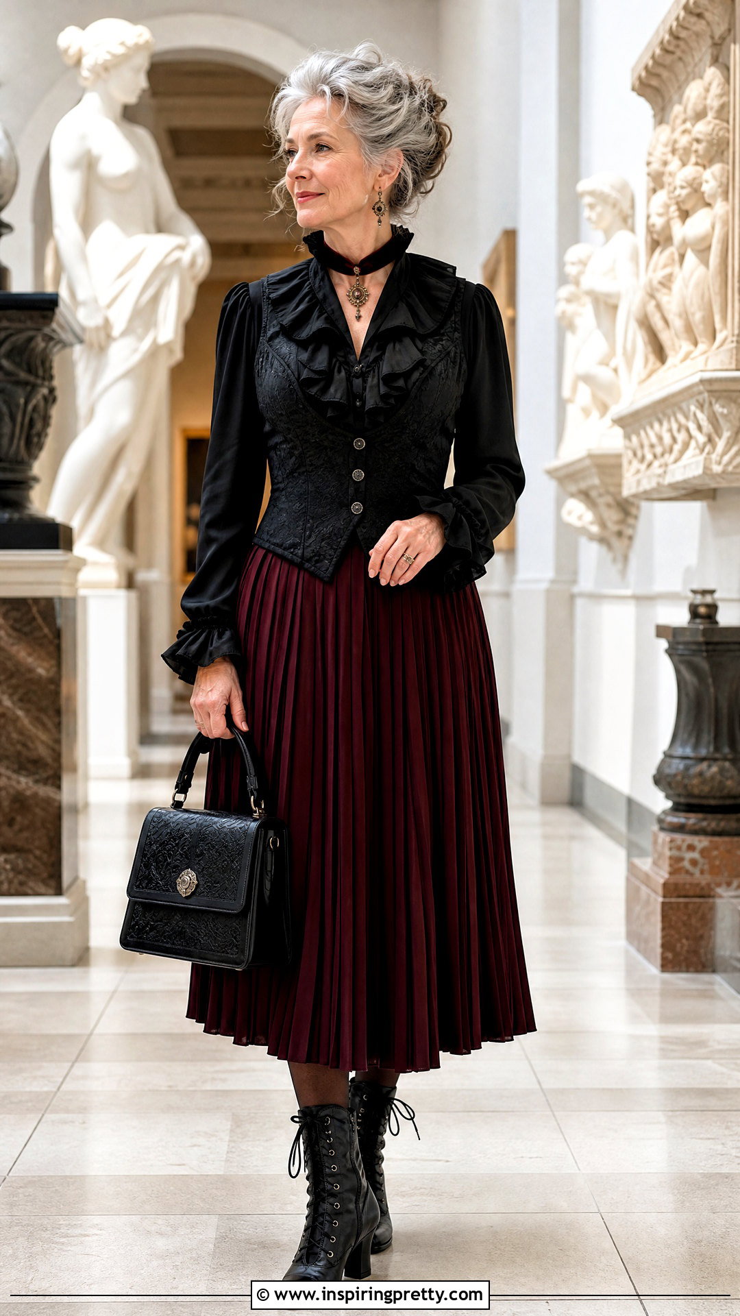 Gothic Ruffle Blouse With A Pleated Midi Skirt - how to style gothic tops (20 ways)