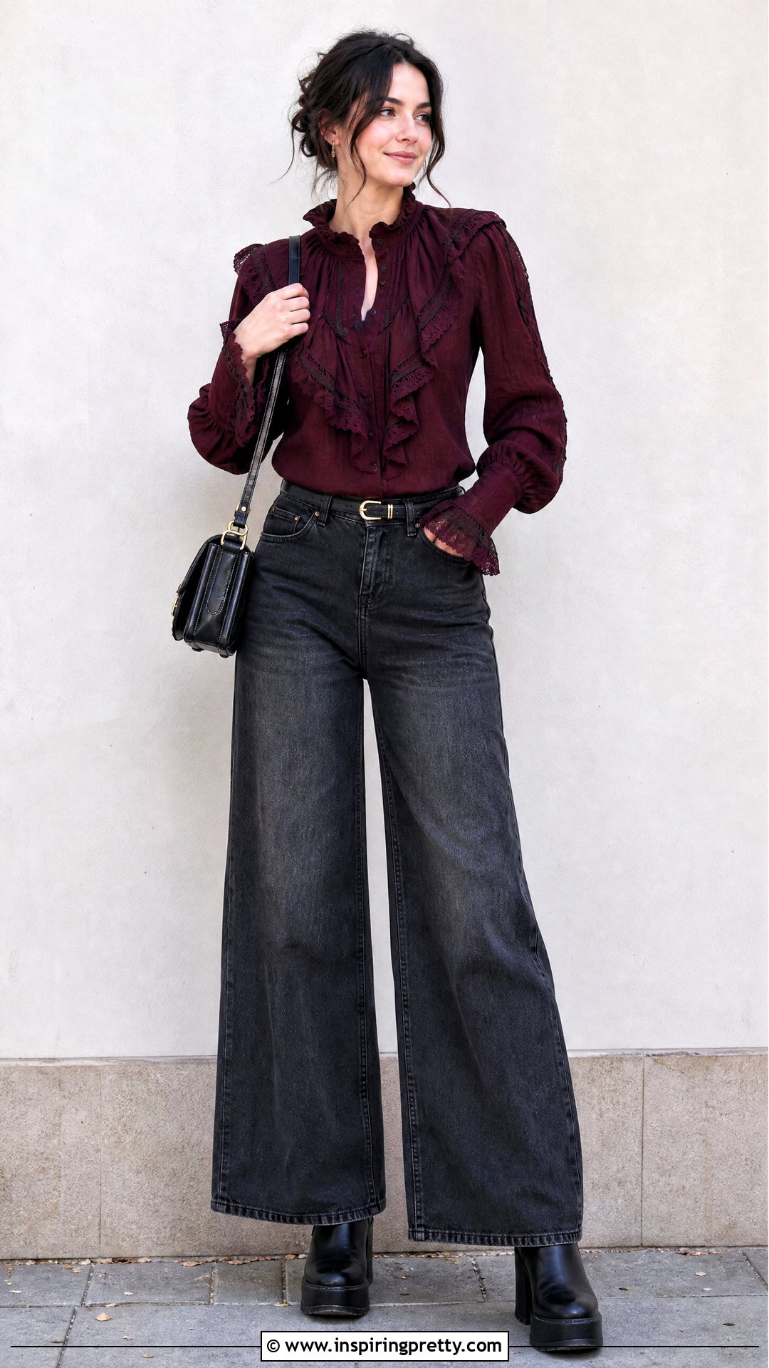 Gothic Ruffle Top With Wide Leg Jeans - 50 gothic tops outfit ideas