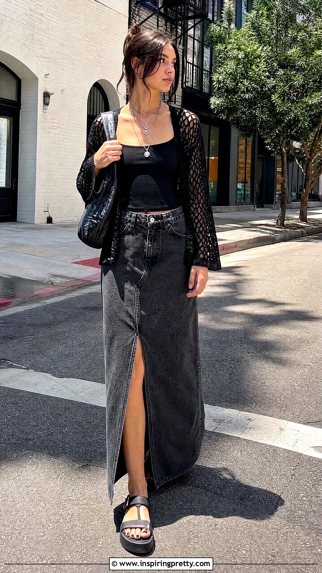 Gothic Tank Top With Maxi Denim Skirt - 50 gothic tops outfit ideas