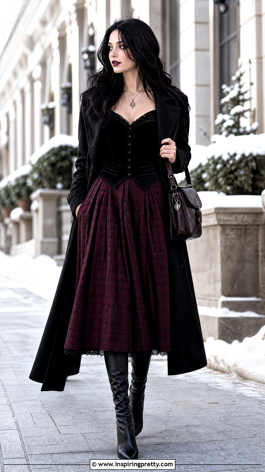 Gothic Velvet Top With Plaid Skirt - 50 gothic tops outfit ideas