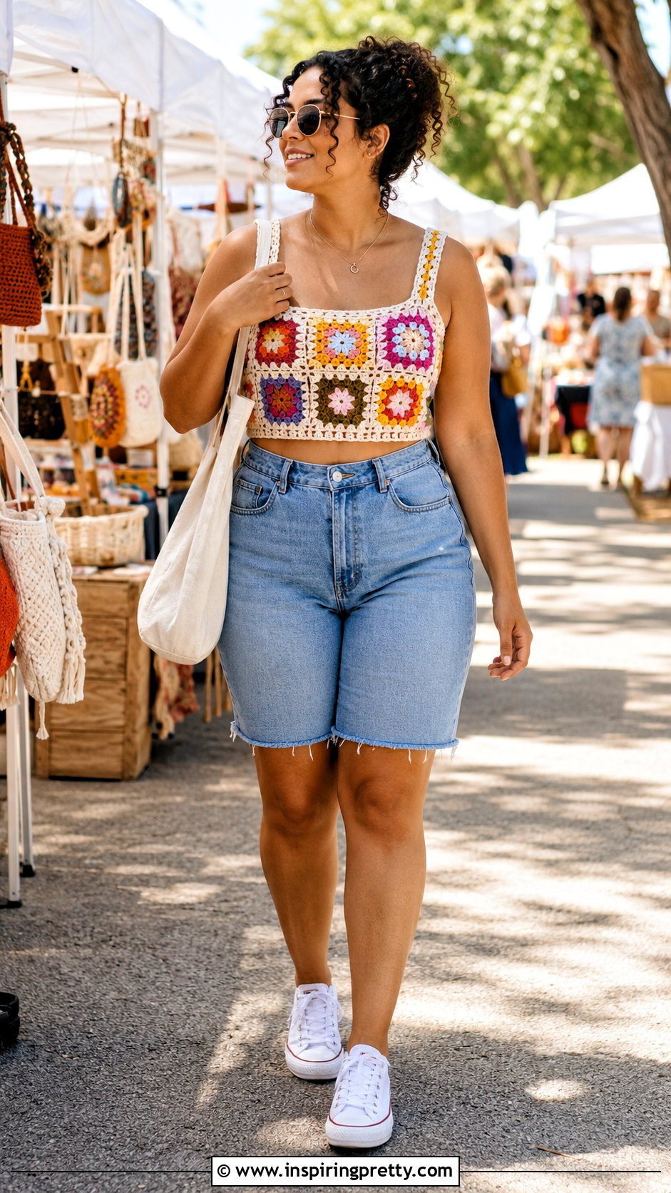 Granny Square Crochet Crop Top With Denim Shorts - 25 Crochet Clothes Crop Tops