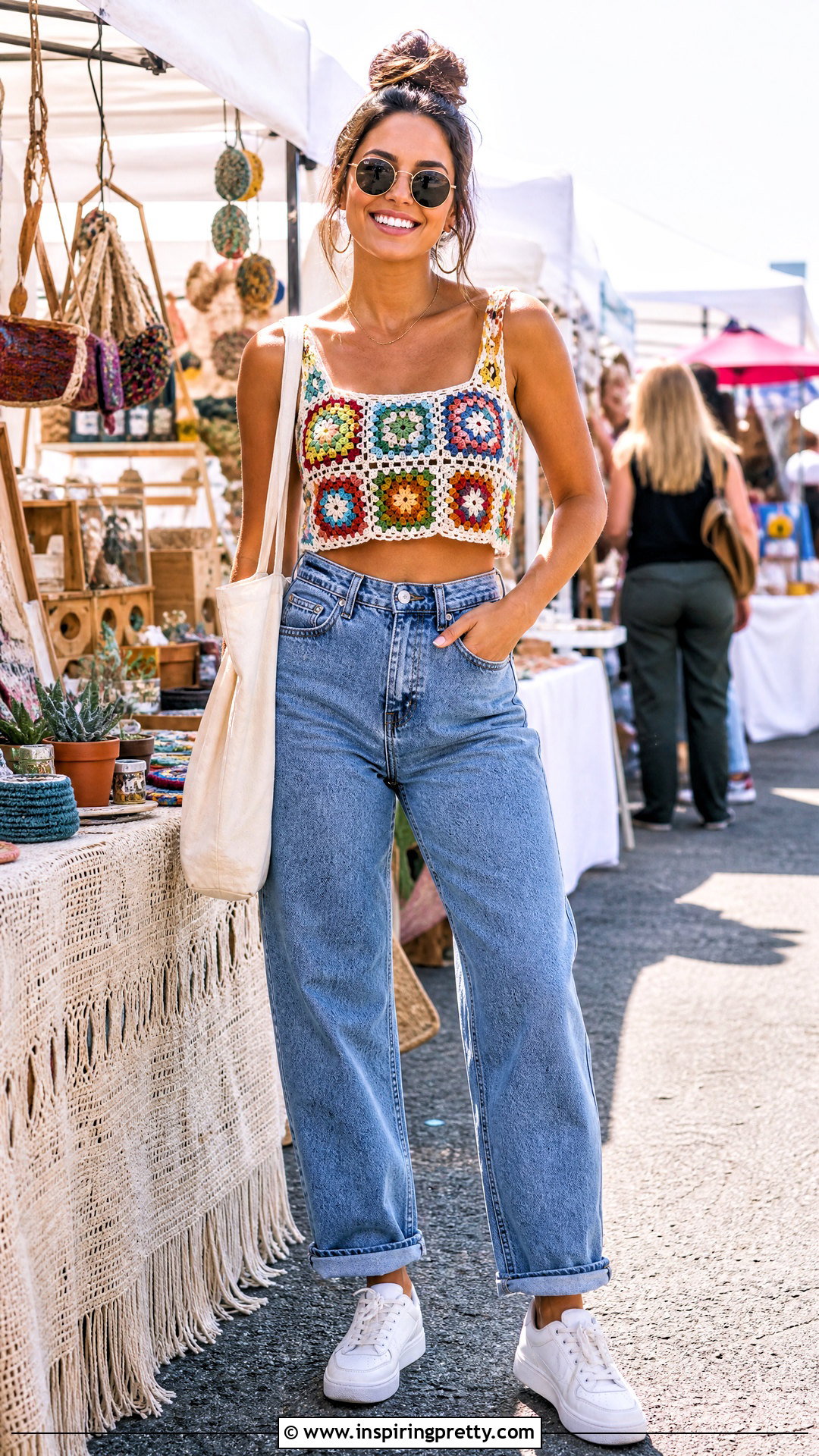 Granny Square Crochet Crop Top With Mom Jeans - 50 crop top crochet outfit ideas