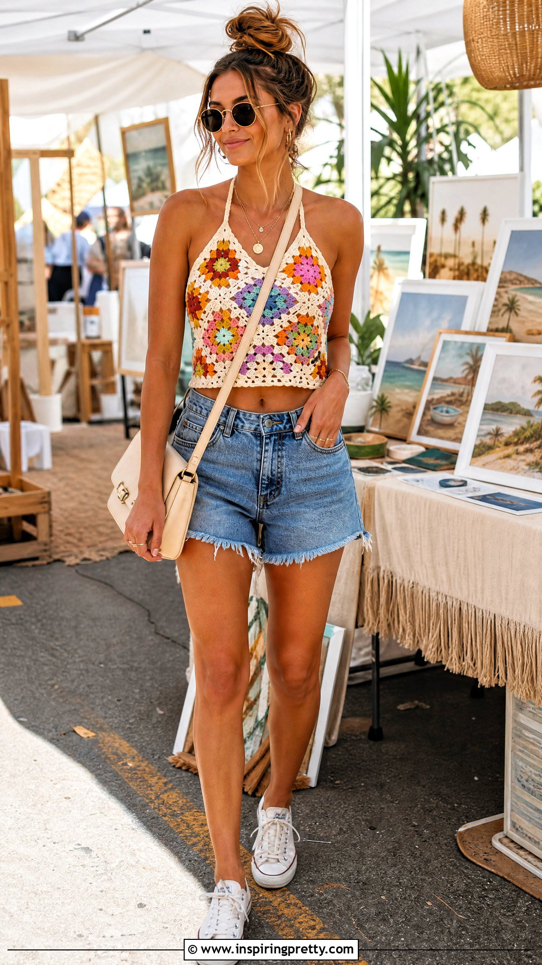 Granny Square Crochet Halter Top With Cutoff Denim Shorts - 20 Crochet Halter Top With Denim Shorts