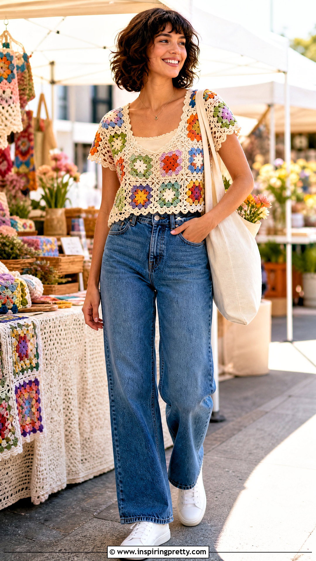 Granny Square Crochet Lace Top With Denim - 50 crochet lace top outfit ideas