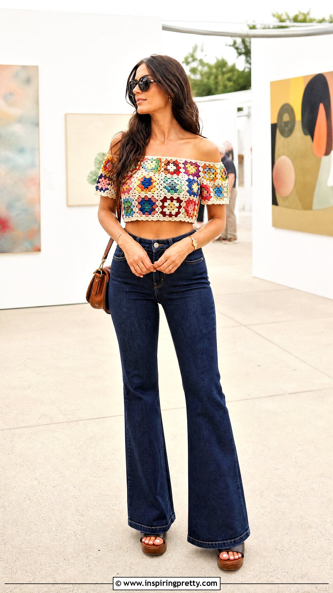 Granny Square Crochet Off Shoulder Top With Flare Jeans - 50 Crochet Off Shoulder Top outfit ideas