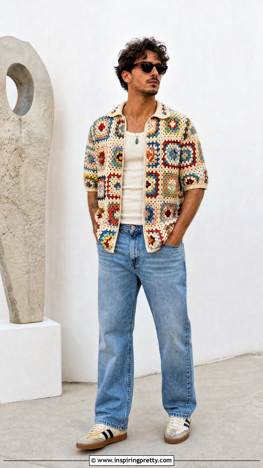 Granny Square Crochet Shirt With Denim - 20 crochet tops for men