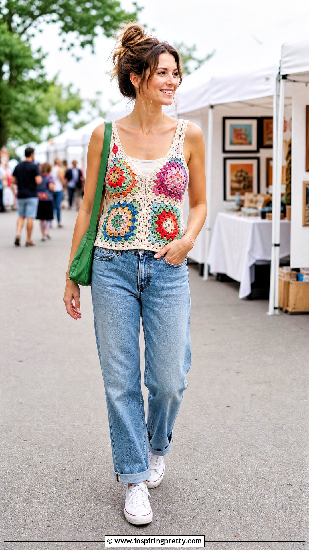 Granny Square Crochet Tank Top With Denim - 50 crochet tank tops outfit ideas