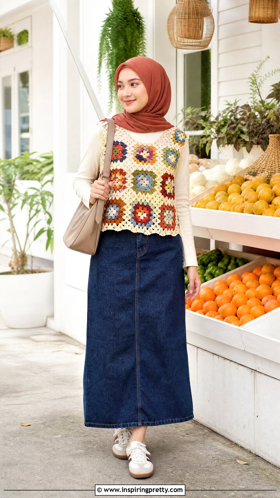 Granny Square Crochet Top With A Denim Maxi Skirt - 25 crochet top hijabi outfit ideas