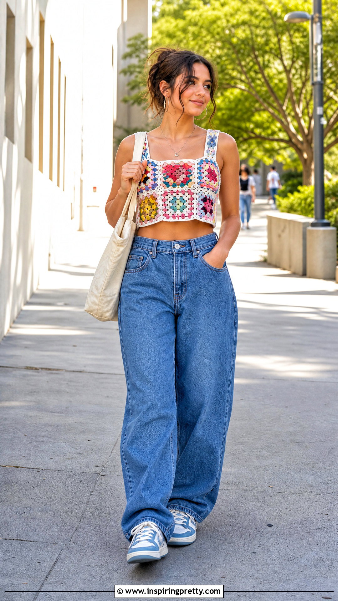Granny Square Crochet Top With Baggy Jeans - 50 crochet ladies tops outfit ideas