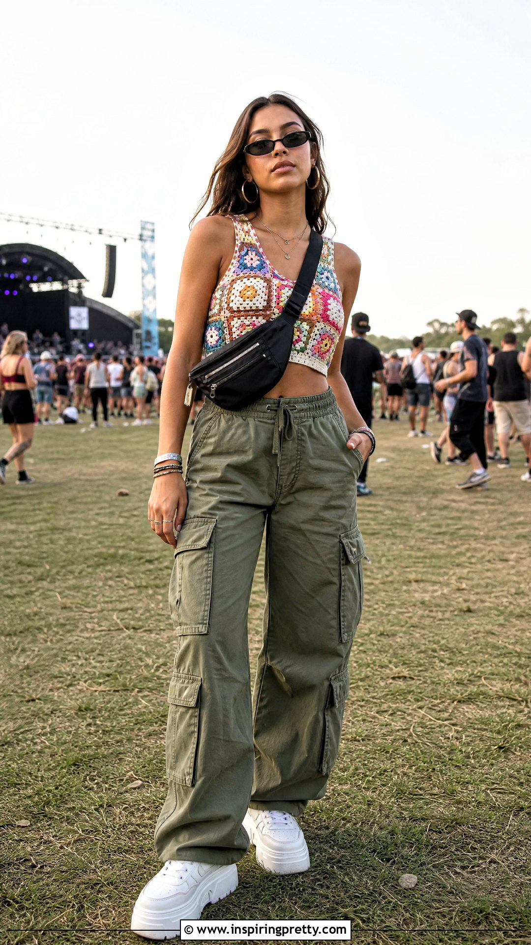 Granny Square Crochet Top With Cargo Pants - 20 festival crochet top outfit ideas