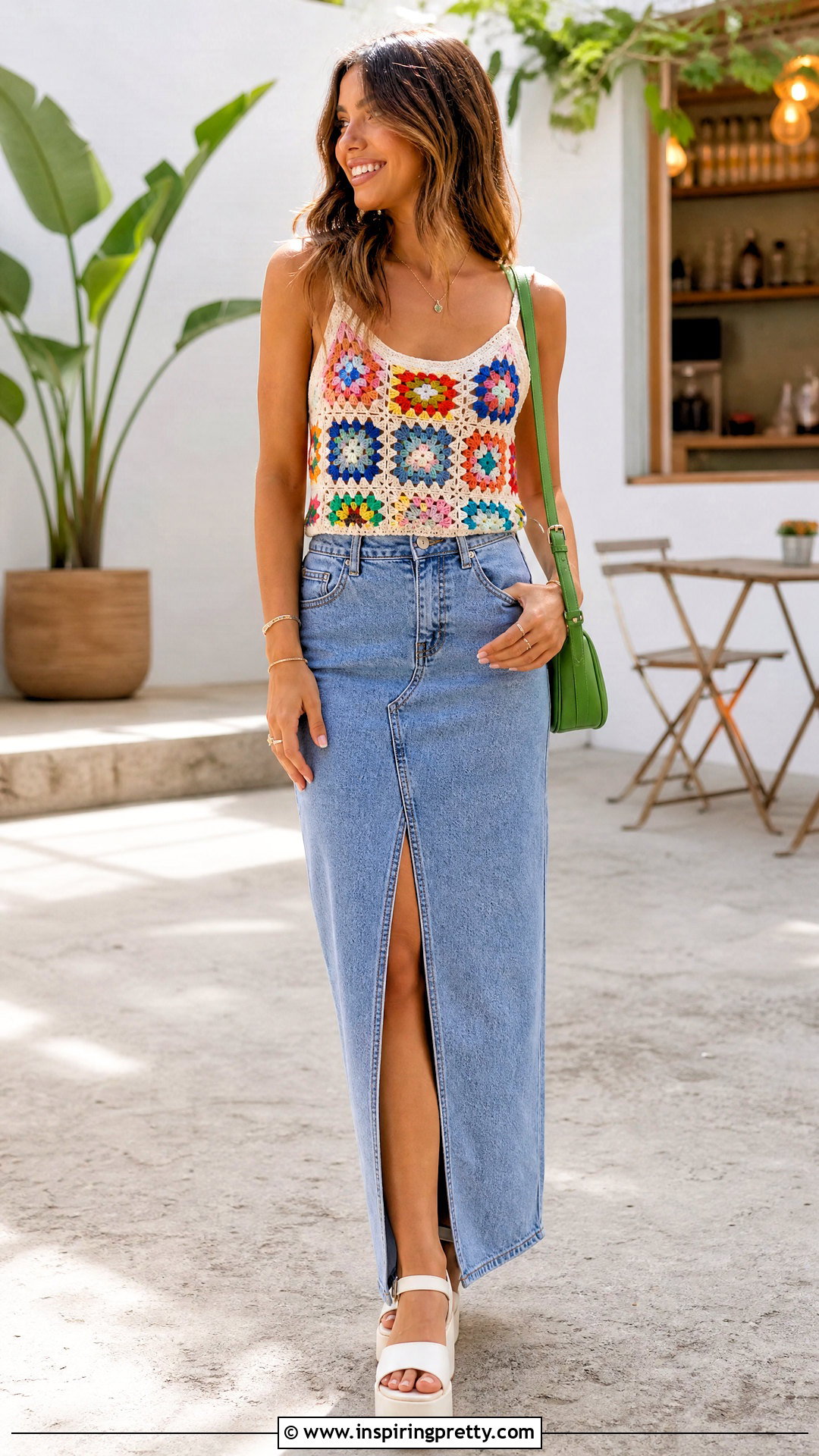 Granny Square Crochet Top With Denim Maxi Skirt - 50 trendy crochet tops outfit ideas