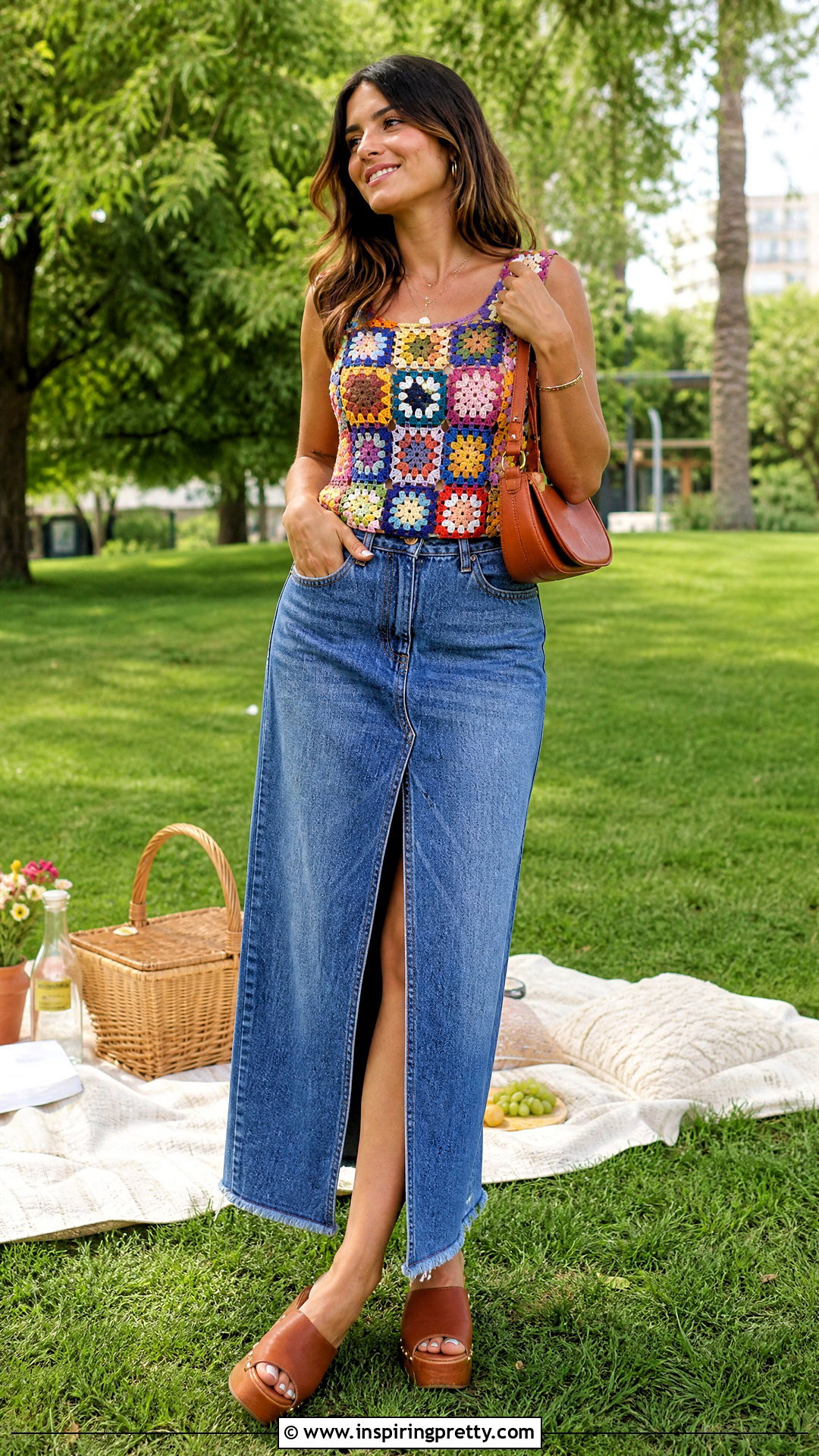 Granny Square Crochet Top With Denim Maxi Skirt - 20 crochet top on grass outfit ideas