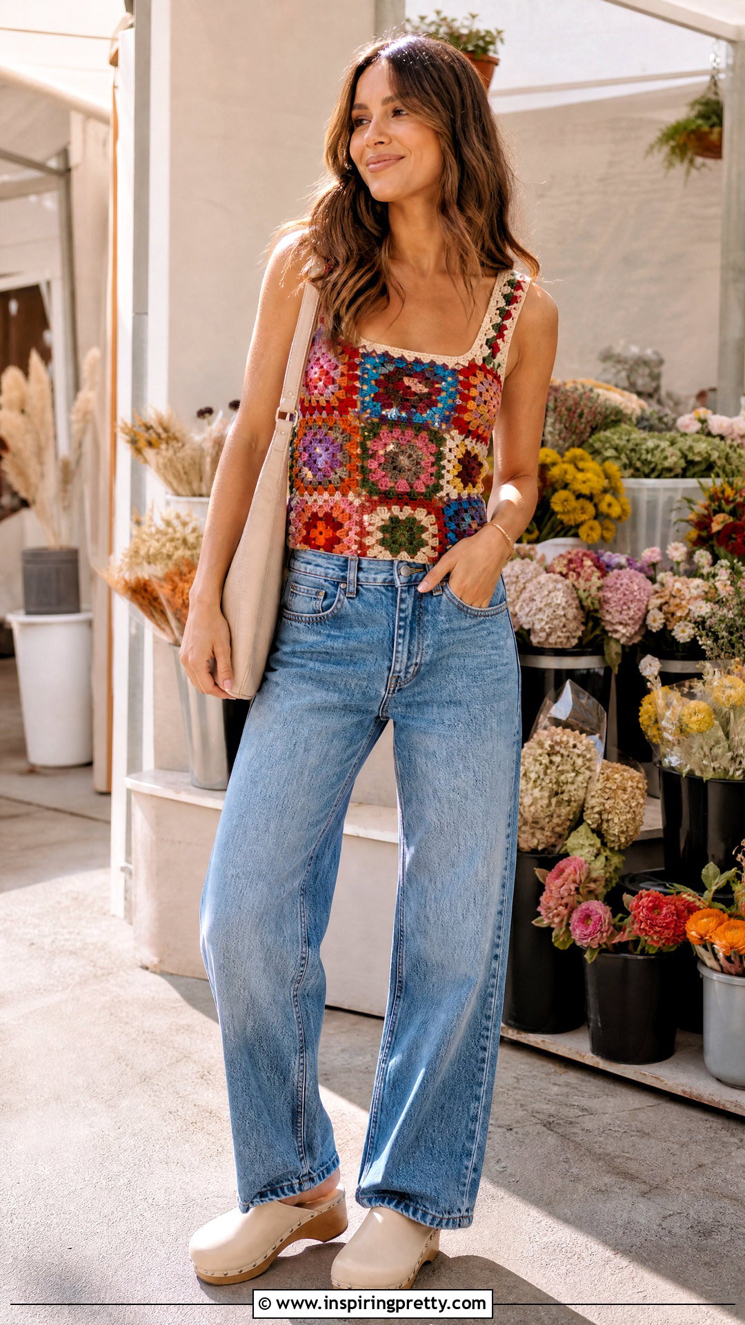 Granny Square Crochet Top With Relaxed Jeans - 50 top au crochet ideas