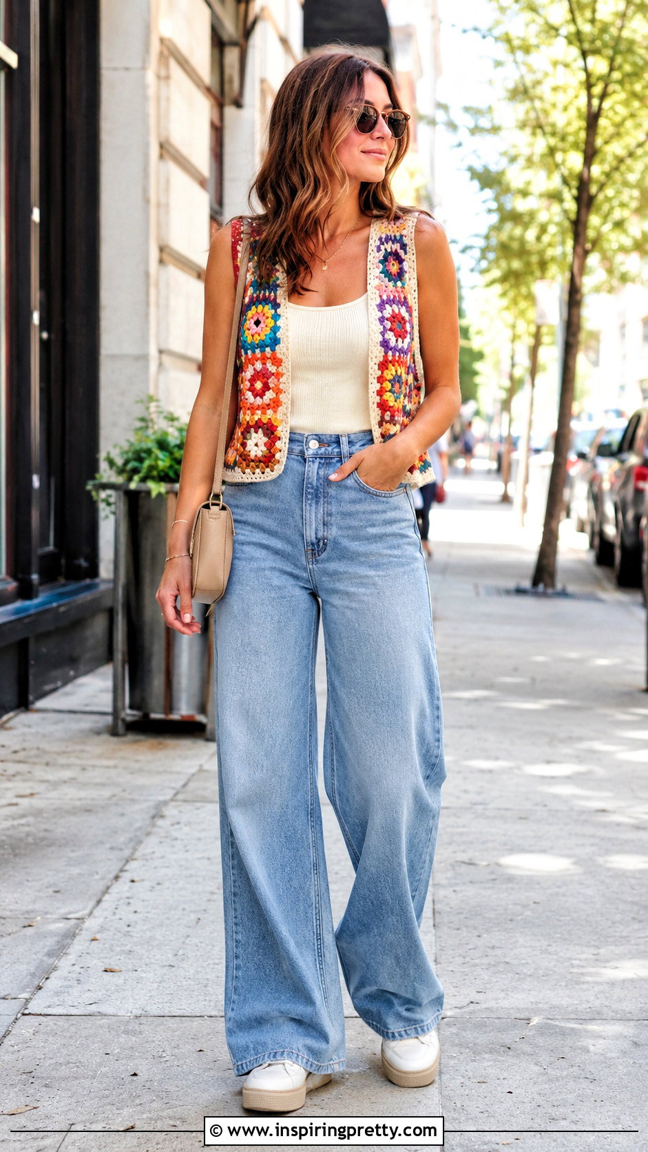 Granny Square Crochet Vest With Wide Leg Jeans - 50 crochet tops aesthetic