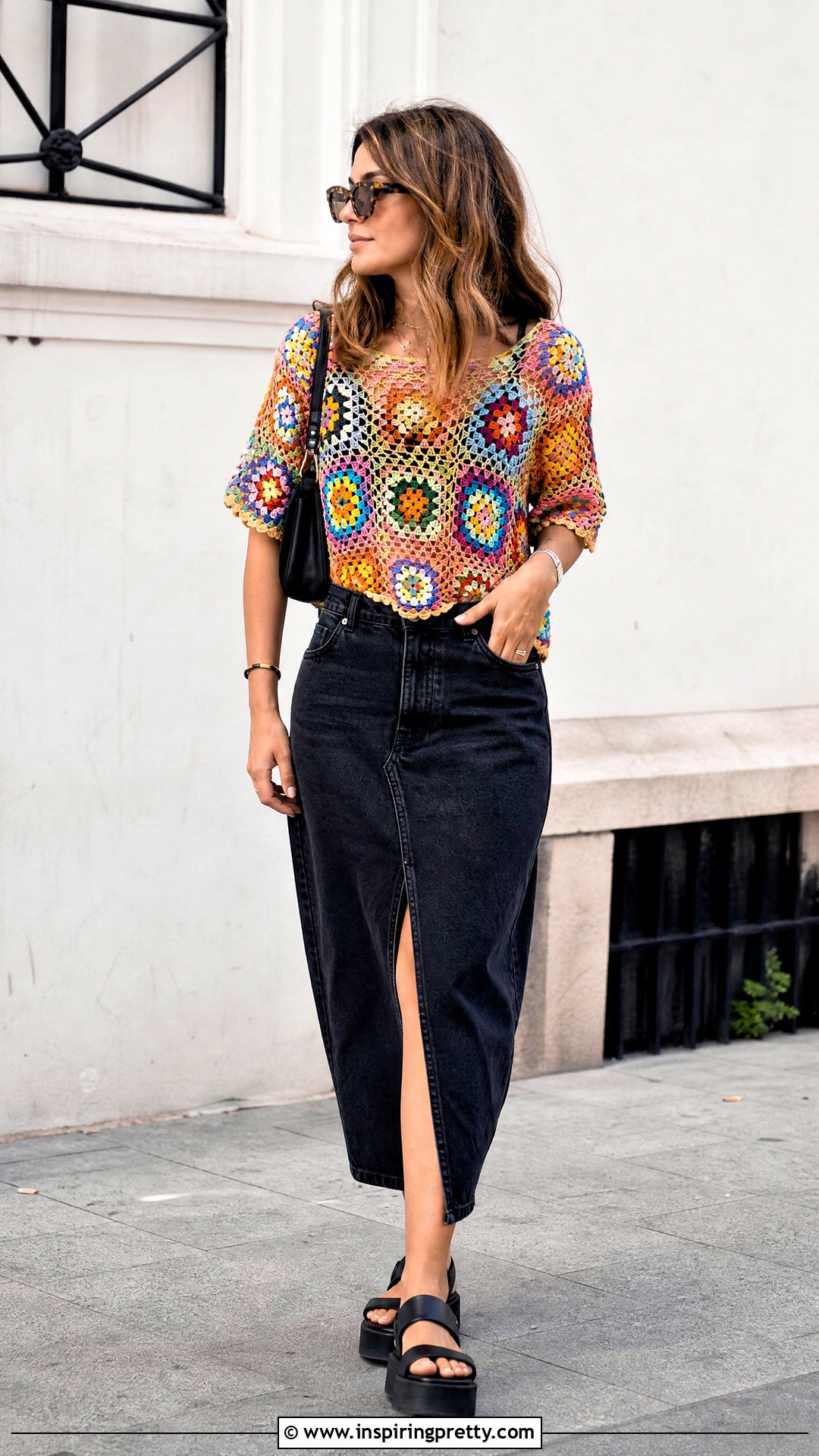 Granny Square Mesh Crochet Top With Denim Midi Skirt - 50 mesh crochet top outfit ideas