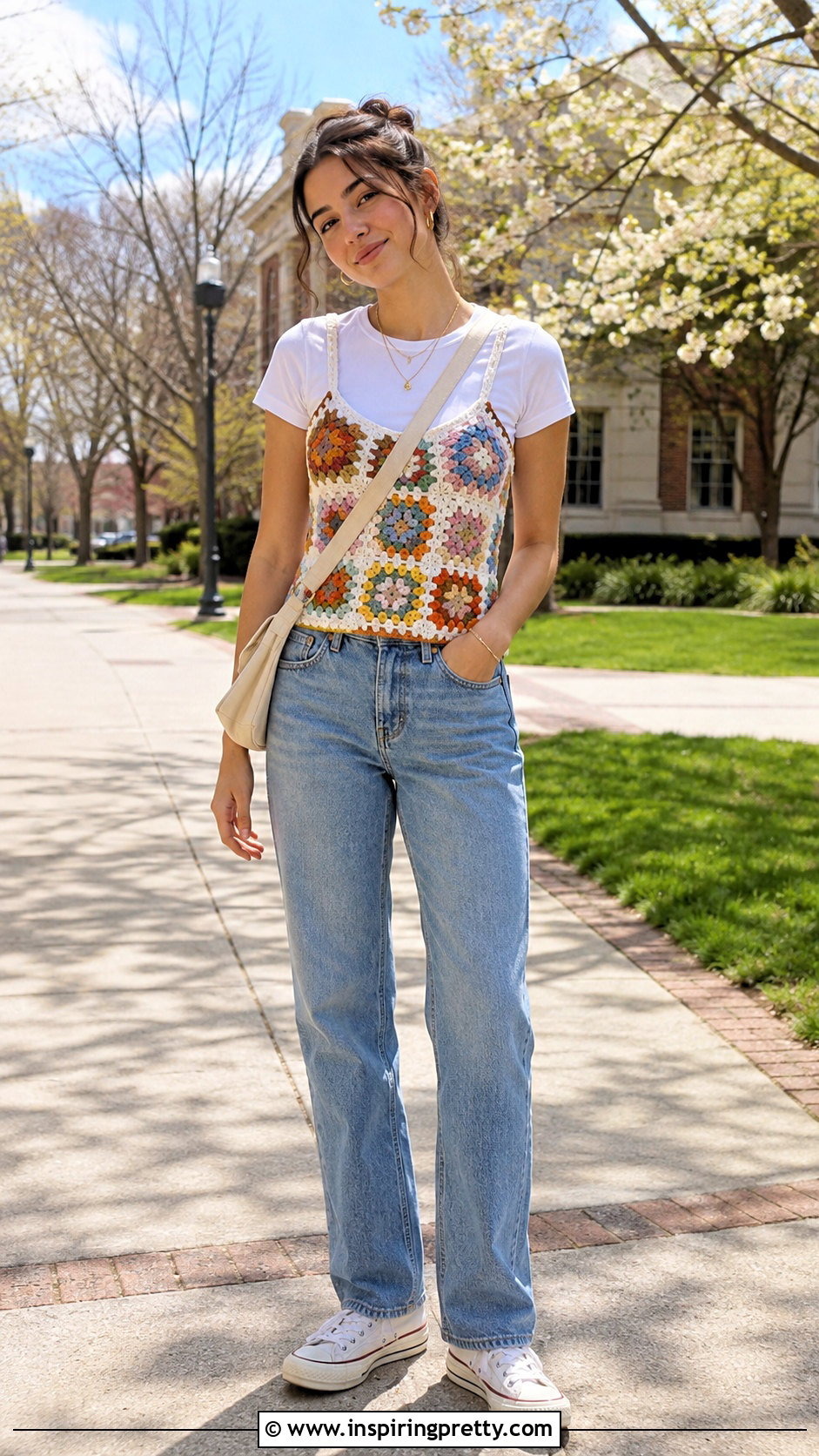 Granny Square Tank Top Over a White T Shirt - 50 granny square tank top outfit ideas