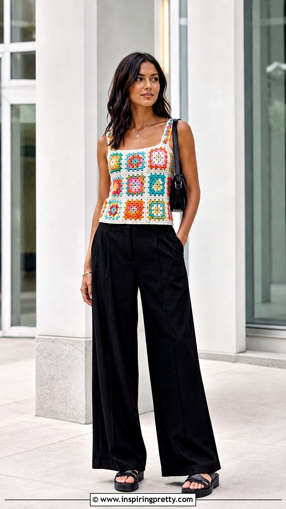 Granny Square Tank Top With Black Wide Leg Pants - 50 granny square tank top outfit ideas