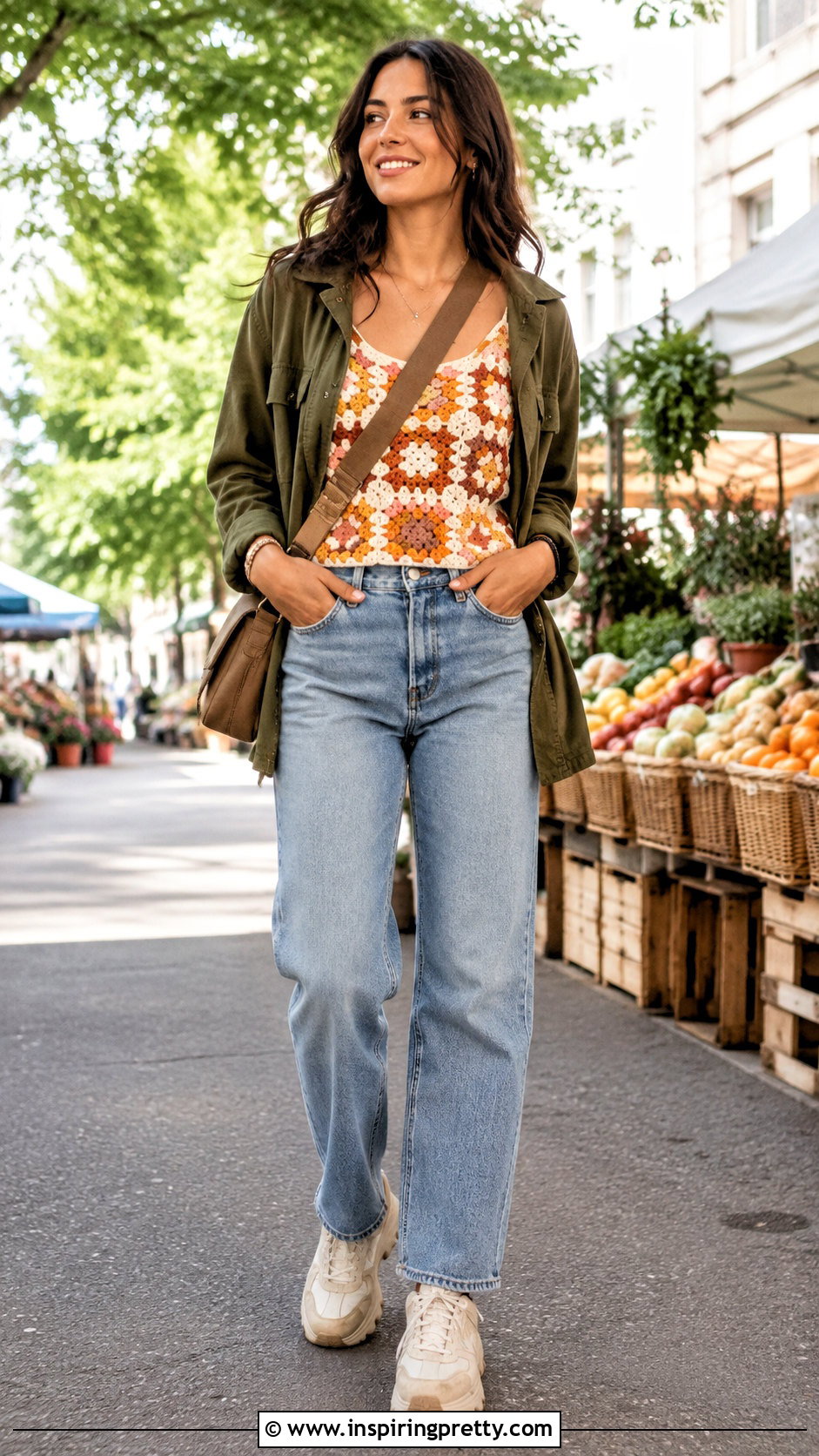 Granny Square Tank Top With a Utility Jacket - 50 granny square tank top outfit ideas